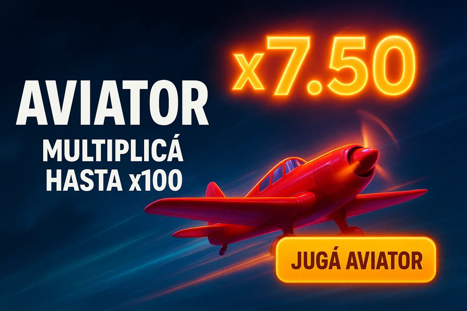 Banner Aviator con avión rojo, multiplicador x7.50 y botón Jugá Aviator