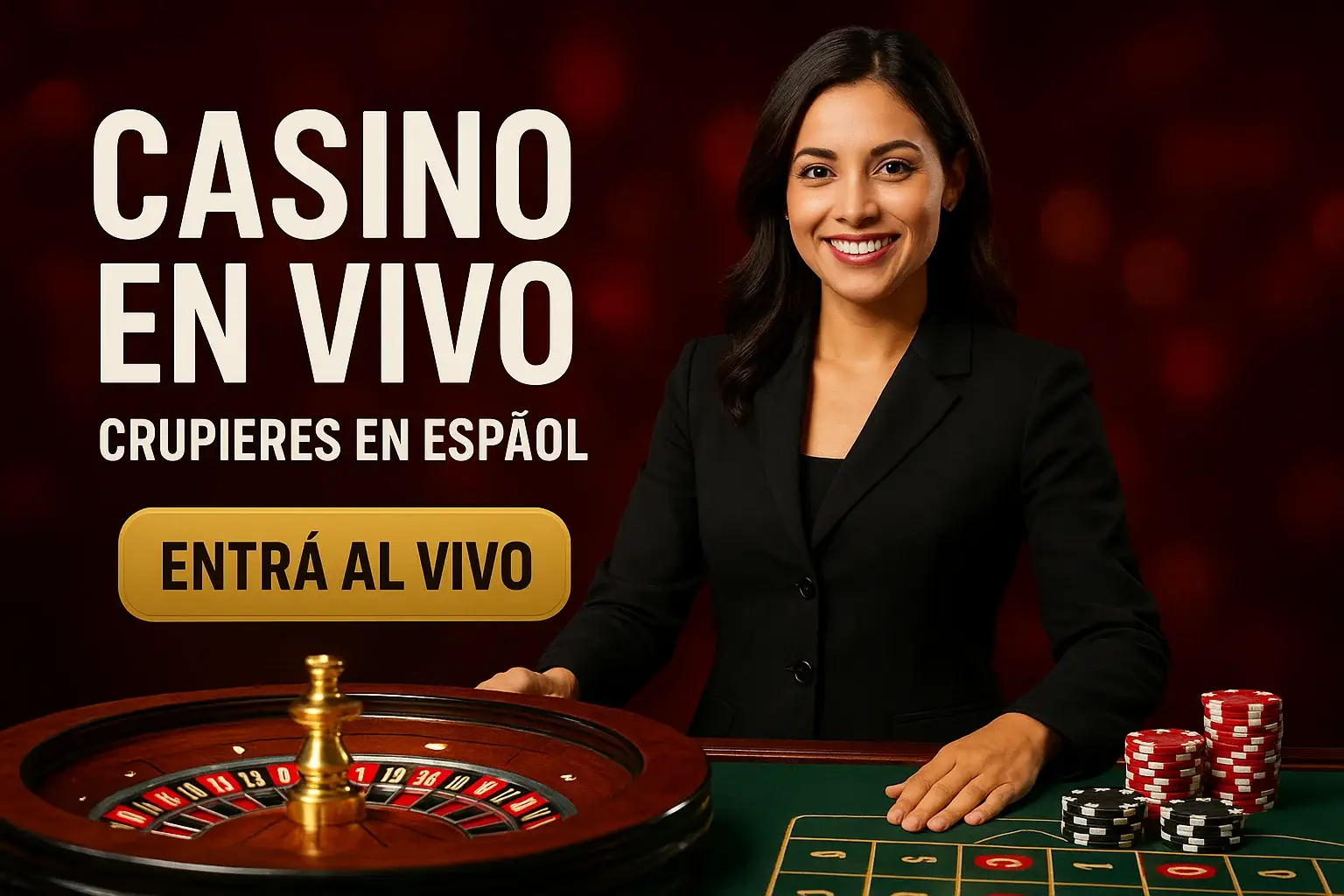 Banner de casino en vivo con crupier en español y botón Entrá al vivo
