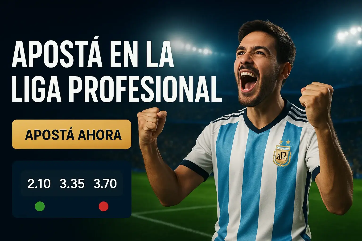 Banner de apuestas en fútbol argentino con hincha celebrando y cuotas en vivo