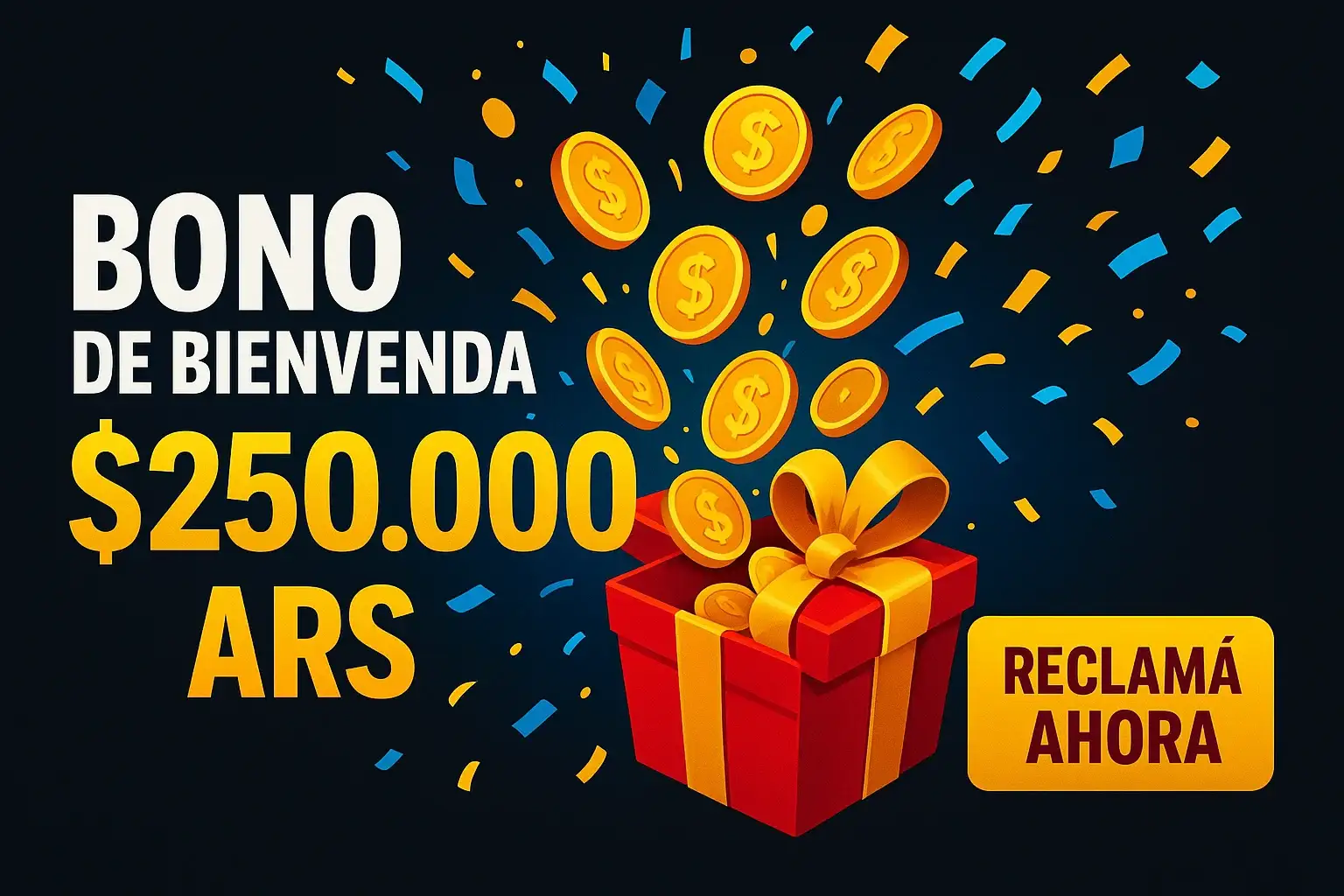 Banner de casino con bono de bienvenida $250.000 ARS y botón Reclamá Ahora